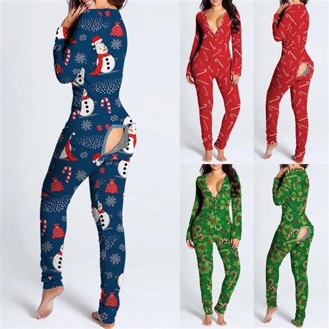 Women Christmas Onesies With Butt Flap For Adults Sexy Sleepwear