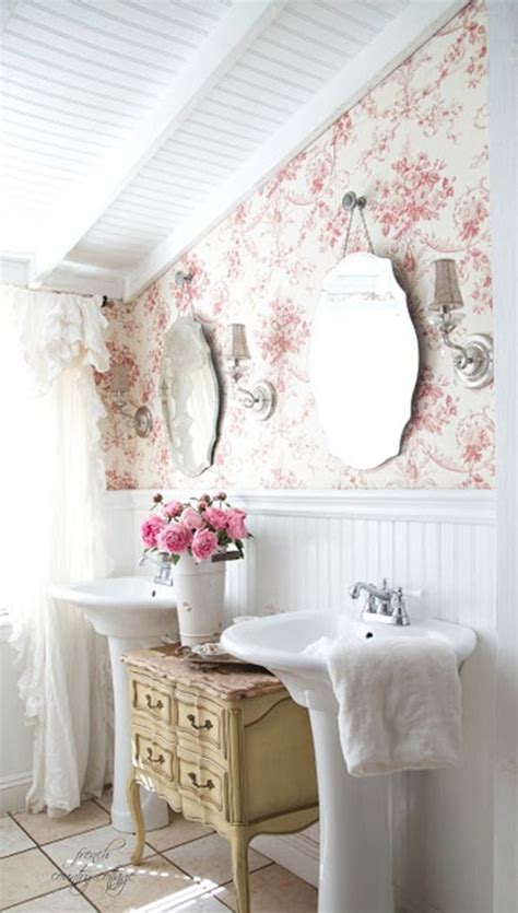 French Country Style Bathroom With Toile Wallpaper And Scalloped