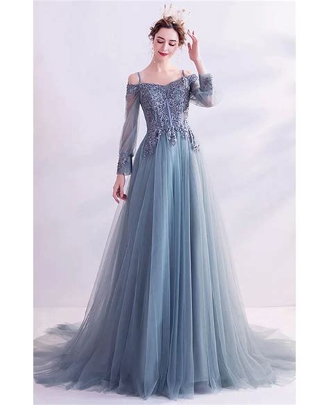 Dusty Flowy Long Tulle Gorgeous Prom Dress With Appliques Long Sleeves Wholesale T16047