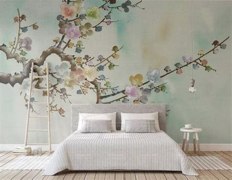 Chinoiserie Brushwork Hanging Plum Blossom Tree Wallpaper Etsy