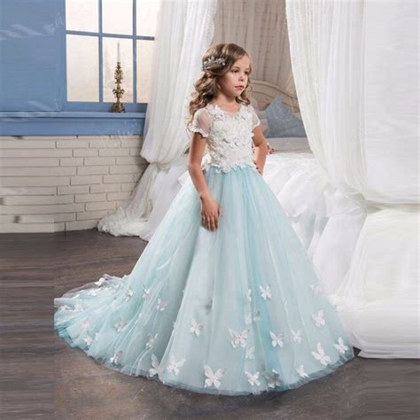 Light Blue Girls Dresses With Butterfly Short Sleeves Ball Gown O Neck