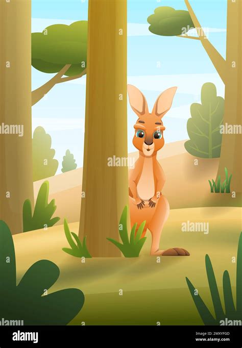 Cute Curious Kangaroo Looking Out From Behind Tree In Forest Cartoon Vector Illustration Stock