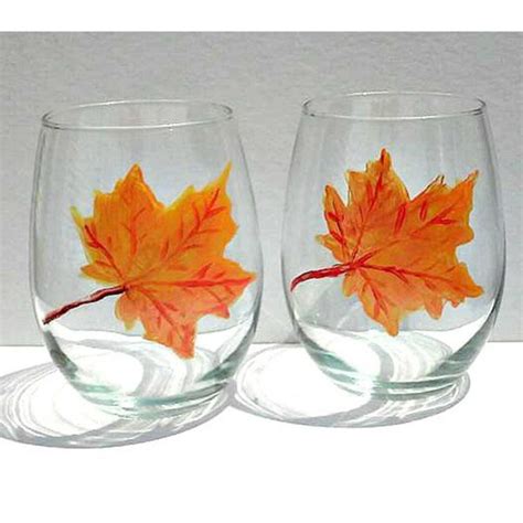 Shop Autumn Fall Leaves Orange Hand Painted 20 Ounce Stemless Wine Glasses Set Of 2