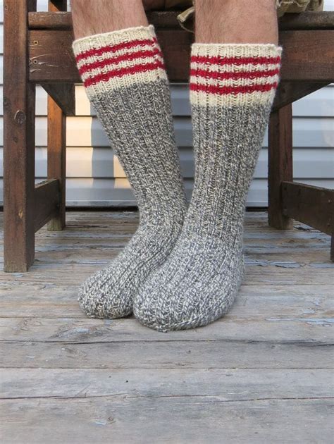 Knit Wool Socks Hand Knit Mens Grey White Twist With Red Stripes Heavy Work Socks 3988 Usd