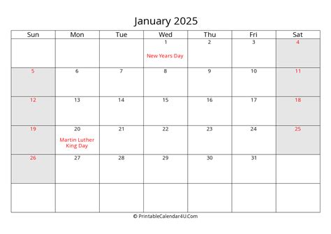 January 2025 Calendar With Us Holidays Highlighted Landscape Layout