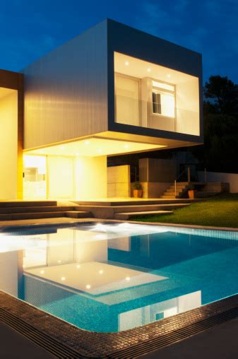 Pool Outside Modern House At Twilight Stock Photo Download Image Now