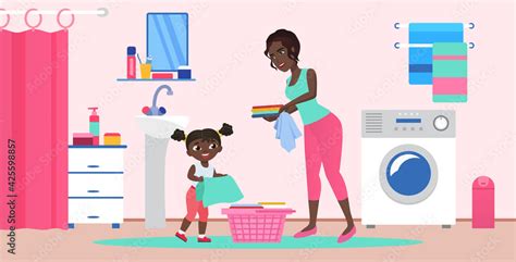Mother With Daughter In Domestic Household Chores Laundry Day Vector Illustration Cartoon Mom
