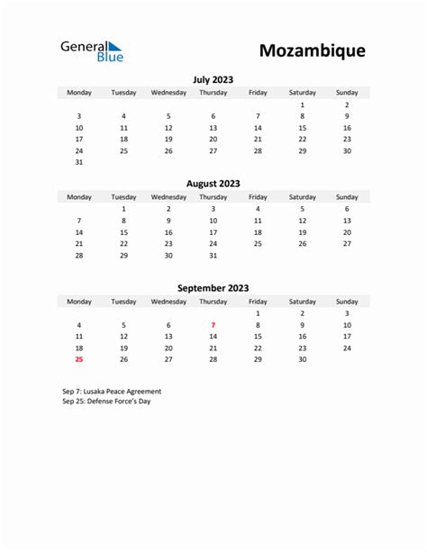 Three Month Calendar For Mozambique Q3 Of 2023