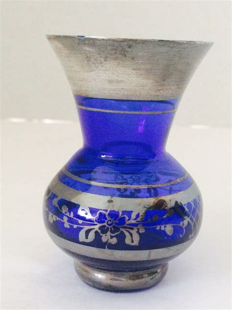 Diminutive Cobalt Blue Glass Vase W Hand Painted Silver Overlay Vintage Ebay