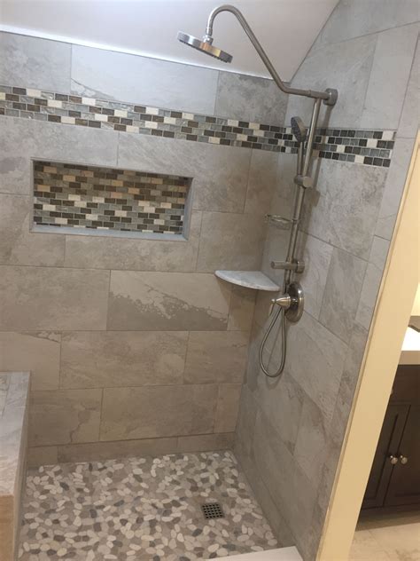 You can also match a backsplash on the bathroom vanity to the tile in your shower. Pin on Bathroom tiles