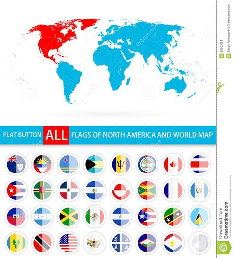 Flat Round Flags Of North America Complete Set And World Map Stock