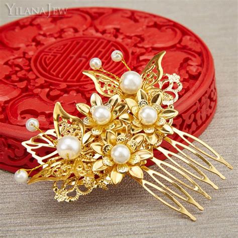Chinese Folk Style Gold Plated Pearls Hair Comb Wedding Bridal Hairpin