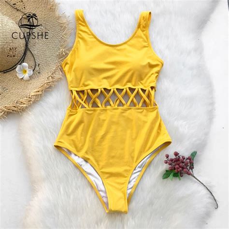 cupshe yellow cutout solid one piece swimsuit women plain cross sexy bodysuits swimwear 2019 new