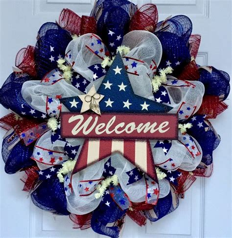 Patriotic Welcome Star Handmade Deco Mesh Wreath Ebay Handmade