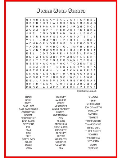 Jonah Bible Wordsearch Puzzle