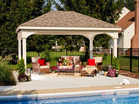 Some pavilion structures offer little flexibility to change placement, so if you think you'll want to move your set up around, you may want to consider a portable pavilion or canopy. Vinyl Traditional Pavilion PA area | Backyard & Beyond