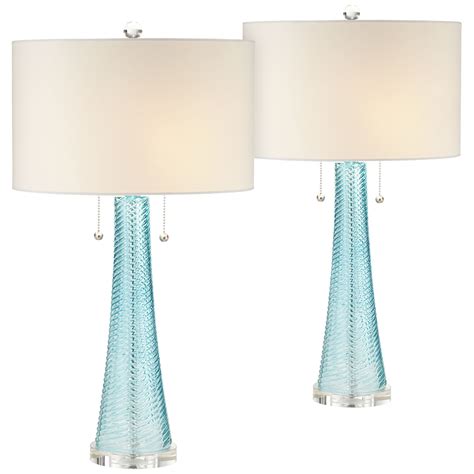 Possini Euro Design Modern Table Lamps Set Of 2 Light Sky Blue Fluted Glass White Drum Shade For