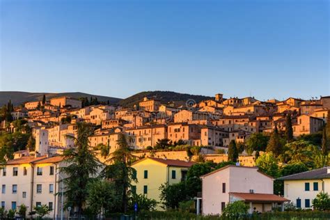 Beautiful View Of The Medieval Town Spello In Italy In The Sunset Stock