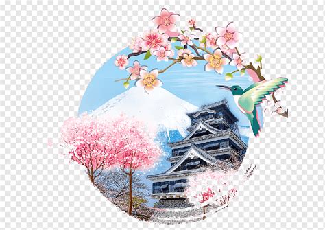 Gunung Fuji Jepang Dengan Ilustrasi Kuil Dan Pohon Sakura Festival