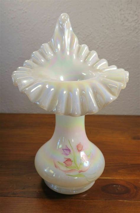 fenton jack in the pulpit opalescent iridescent hp tulips glass vase fenton milk glass