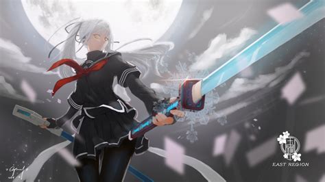 1030922 Night Long Hair Anime Anime Girls Weapon Moon Sword
