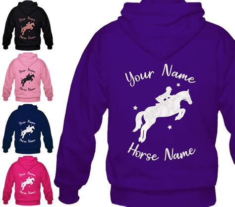 Childrens Personalised Horse Riding Hoodie Glitter Back Print Kids