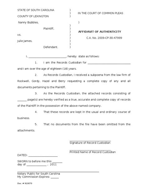 Affidavit Of Authenticity State Court