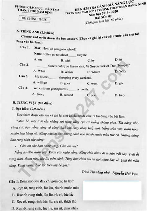 Hiện 70 trường đại học, cao. Đề thi đánh giá năng lực tuyển sinh vào lớp 6 THCS Trần ...