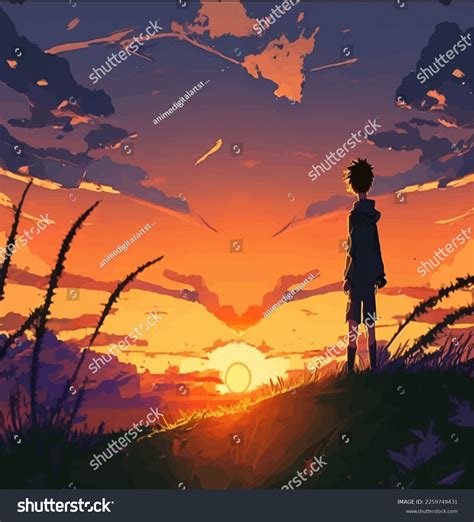 Anime Boy Watching Sunset Alone Digital Stock Illustration 2259749431
