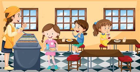 Children Having Lunch In Canteen Character Chair Cafeteria Vector