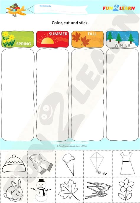 Color Cut And Stick Worksheet Spring Summer Fall Winter English