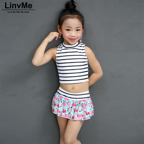 Linvme 2018 Girls Striped Swimsuit Teens Two Piece Separate Swimsuits Girl Swimwear Bathing Suit