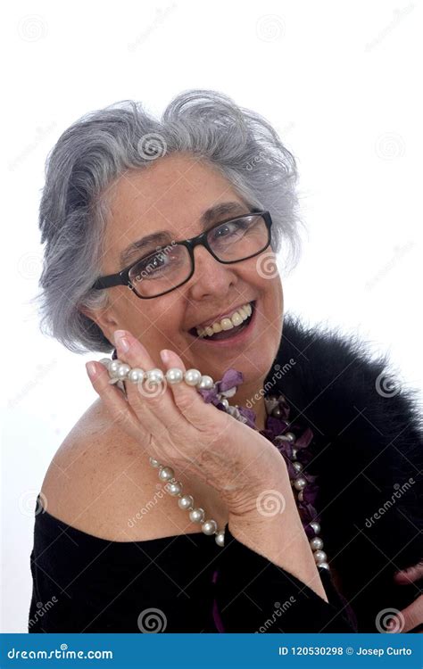 Een Oudere Vrouw Met Sexy Gesteld Op Witte Achtergrond Stock Foto
