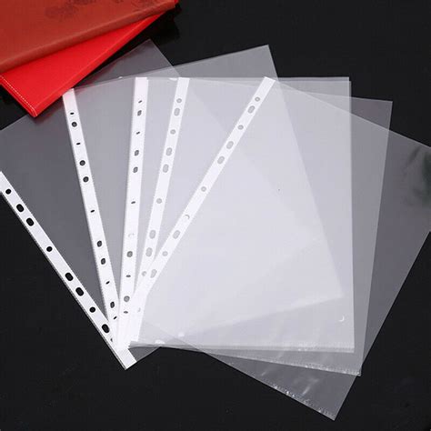 100 Pcs A4 Clear Plastic Punched Pockets Filing Folders