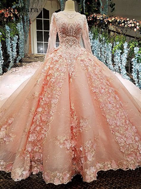 Luxury Blush Pink High Quality Wedding Dresses Full Sleeves O Neck