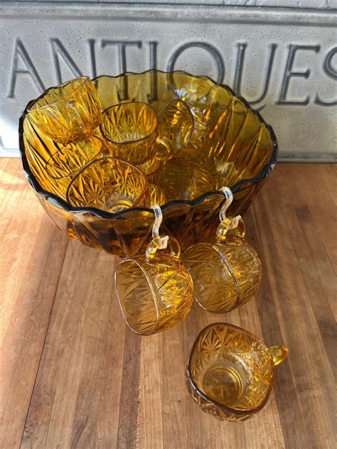 Punch Bowl Set Hazel Atlas Williamsport Amber Glass Circa S Etsy