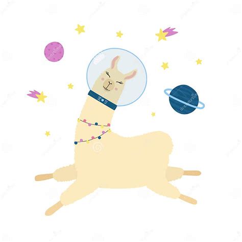 Cute Llama In Space Cartoon Alpaca In Astronaut Suit Stars And