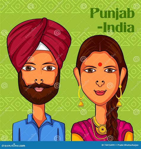 Punjabi Couple In Traditional Costume Of Punjab India Cartoon Vector