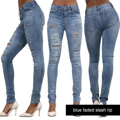 new ladies faded ripped knee skinny jeans womens sexy slim fit denim sizes 6 14 ebay