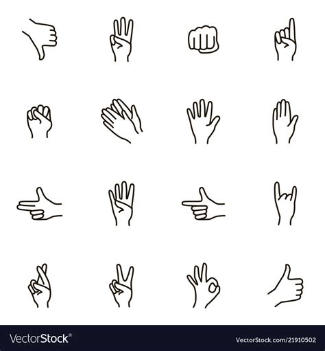 Hand Gestures Signs Black Thin Line Icon Set Vector Image