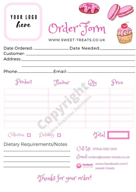 Sweet Treats Order Form Template Bakery Template Cake Business Order