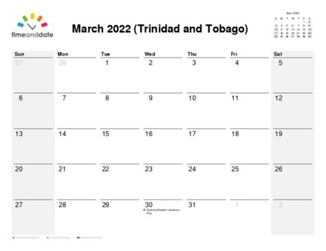 Printable Monthly Calendar — Trinidad And Tobago — March 2022
