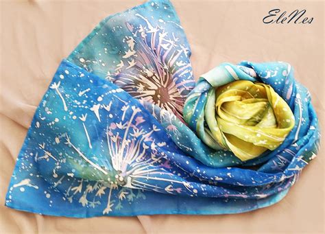 Hand Painted Silk Scarf With Stylized Dandelions Floral Etsy