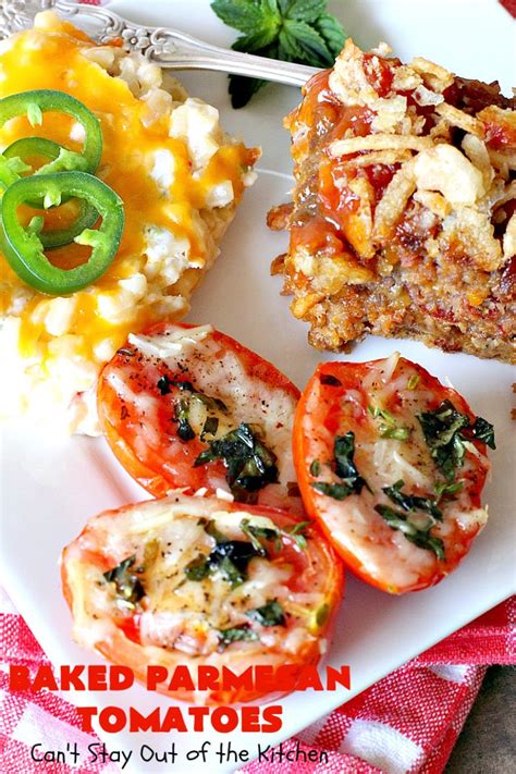 This baked tomato recipe is an easy appetizer or healthy side dish. Baked Parmesan Tomatoes - Can't Stay Out of the Kitchen