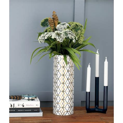 Litton Lane 14 In White Ceramic Decorative Vase With Honeycomb And Overlapping Hexagon Patterns