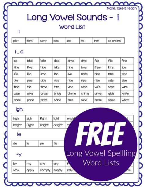 FREE Long Vowel Spelling Word Lists Make Take Teach Spelling