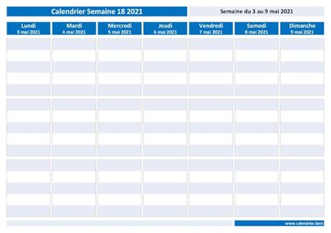 Semaine 18 2021 Dates Calendrier Et Planning Hebdomadaire à Imprimer