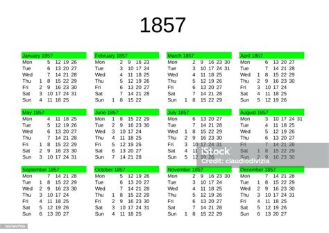 Year 1857 Calendar In English Stock Illustration Download Image Now