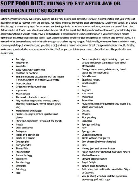 These foods may be chopped, ground, mashed, pureed, and moist. A Guide to Surviving Orthognathic Surgery: Ideas of Food ...