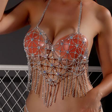 fashion sexy rhinestone tassel chest chain underwear bras woman bikini female luxury body
